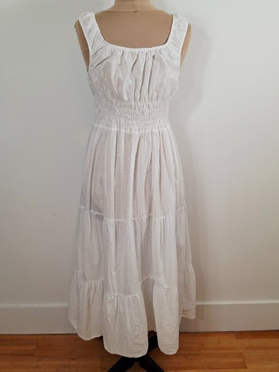 Boho XL White Embroidered Cotton Peasant Tiered Maxi Dress Smocked Stretch Waist - Picture 5 of 13